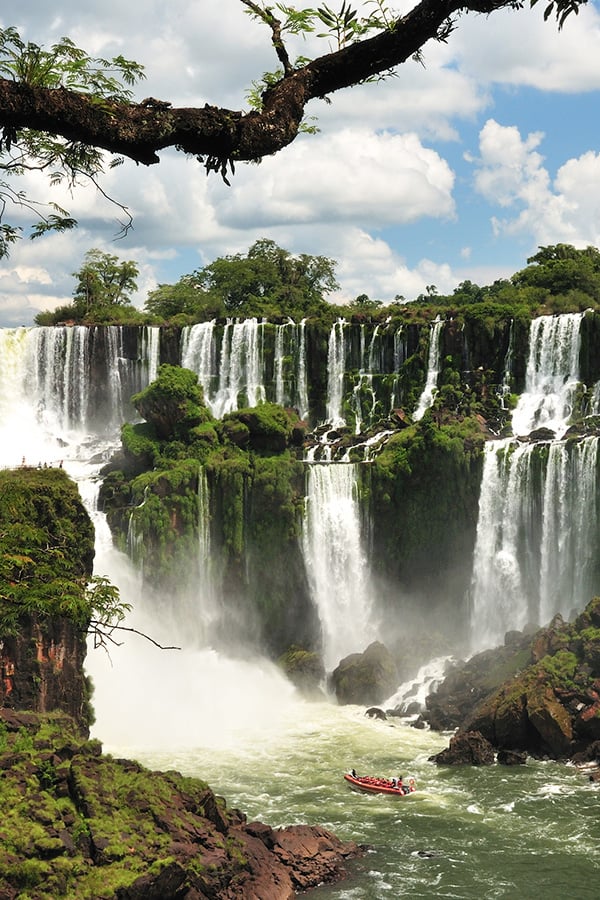 Lush green vegetation and waterfalls at Iguazu Falls, the largest waterfall in the world