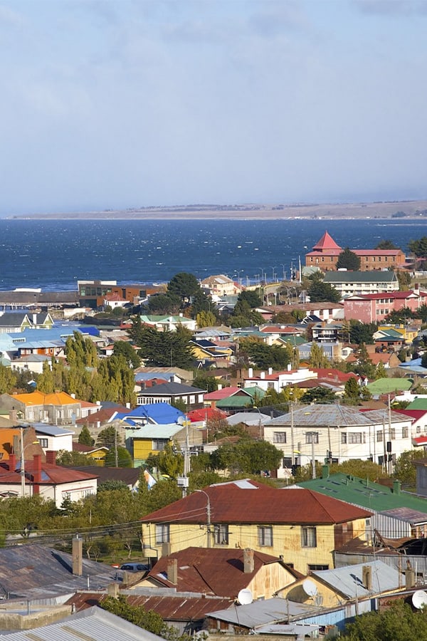Rooftops of houses in Punta Arenas, a town in southern Chile overlooking the Straits of Magellan.