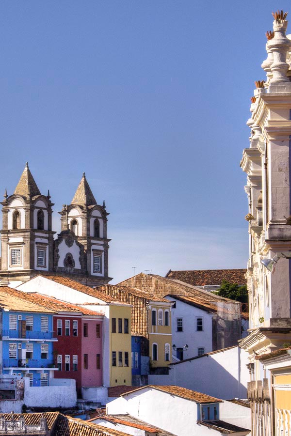 Colorful houses and colonial architecture in the historic center of Salvador, Bahia.