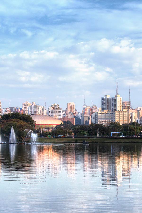 A view of the São Paulo skyline from a park, with a pond and a water fountain in the foreground.