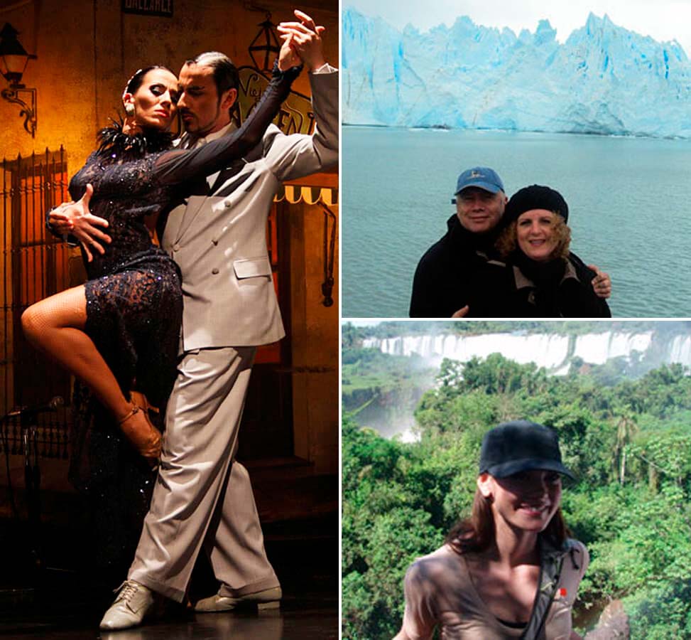 A collage of a couple dancing tango, a couple in front of a glacier, and a visitor at Iguazu Falls.