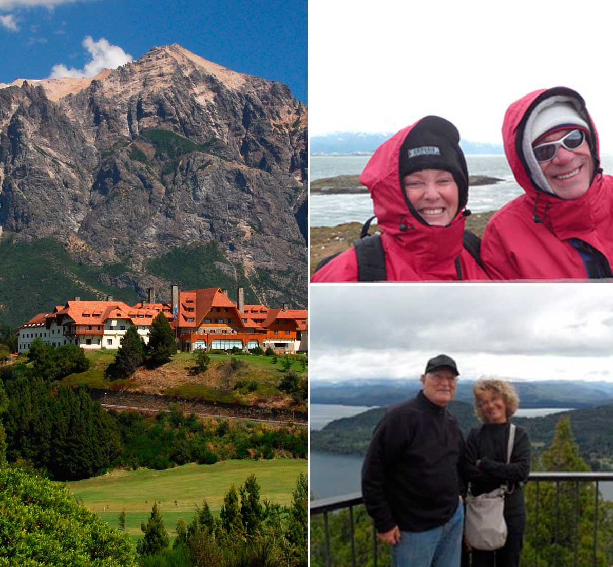 A collage showing the Hotel Llao Llao and two different couples posing in front of a lake.