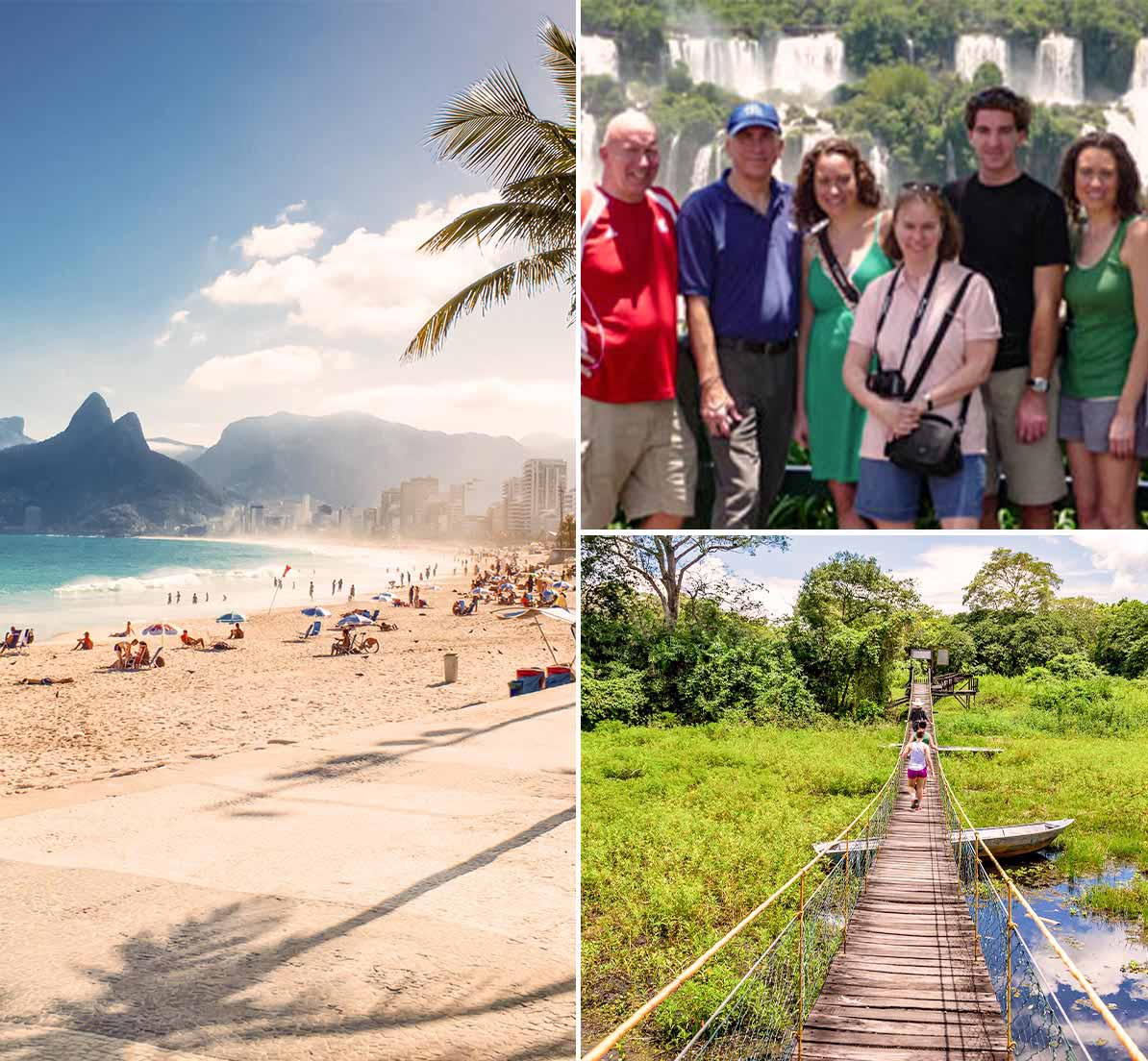 A collage showing a beach in Rio, a family at Iguazu Falls, and people crossing a wooden bridge.