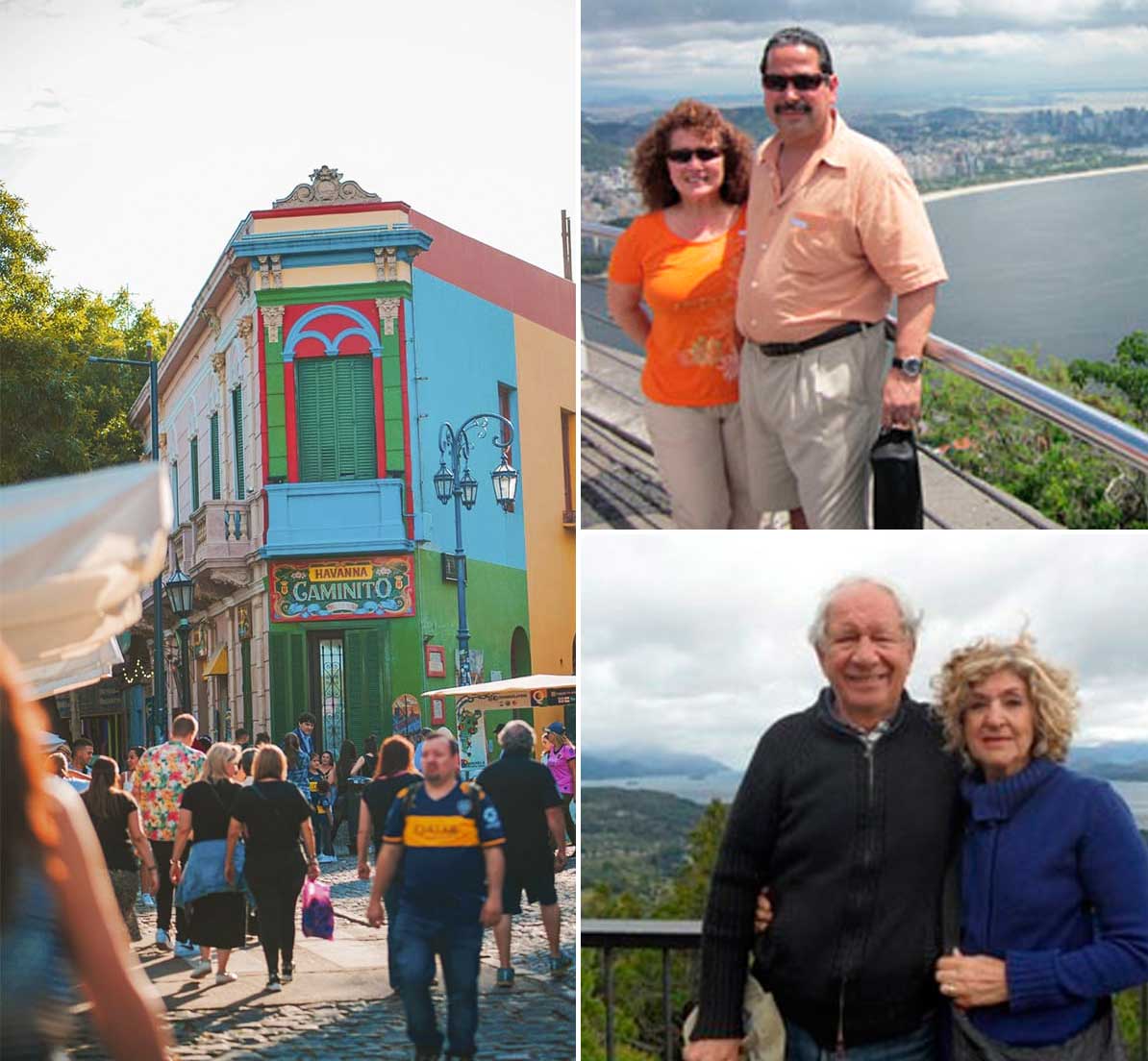 A collage showing El Caminito and two pairs of tourists posing in front of landscapes.