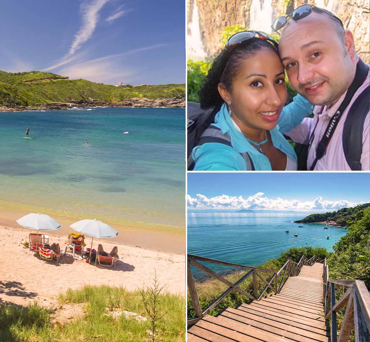 A collage showing visitors on a beach in Buzios, a couple in Brazil, and a walkway to a beach.