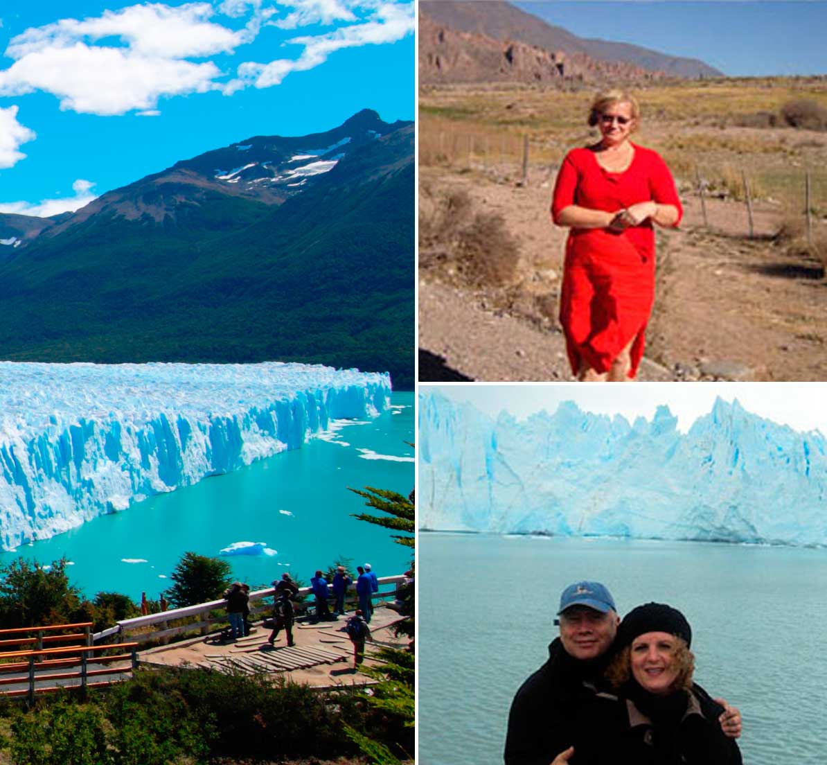 A collage of visitors at a glacier, a woman in the desert, and a couple in front of a glacier.