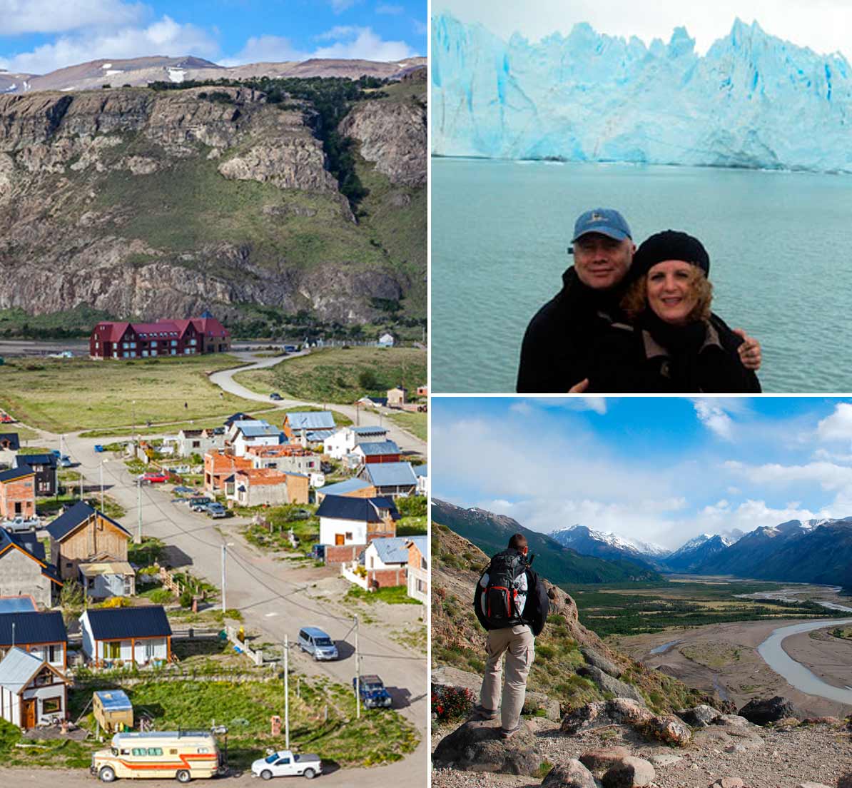 A collage showing El Chalten, a couple in front of a glacier, and a hiker admiring a landscape.