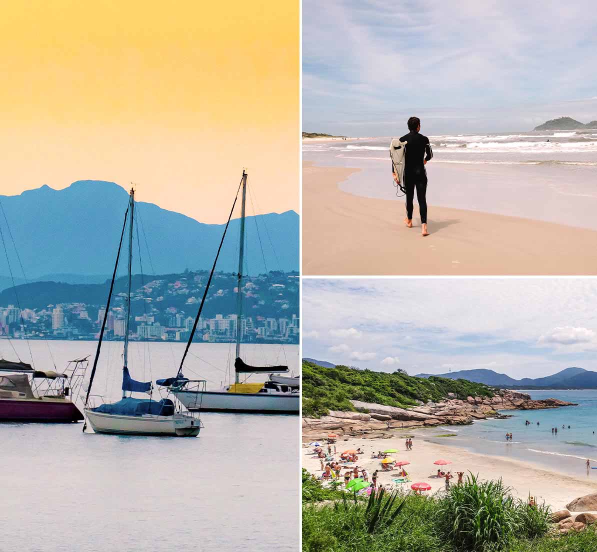 A collage showing sailboats in the water, a surfer, and people enjoying the beach in Florianopolis.