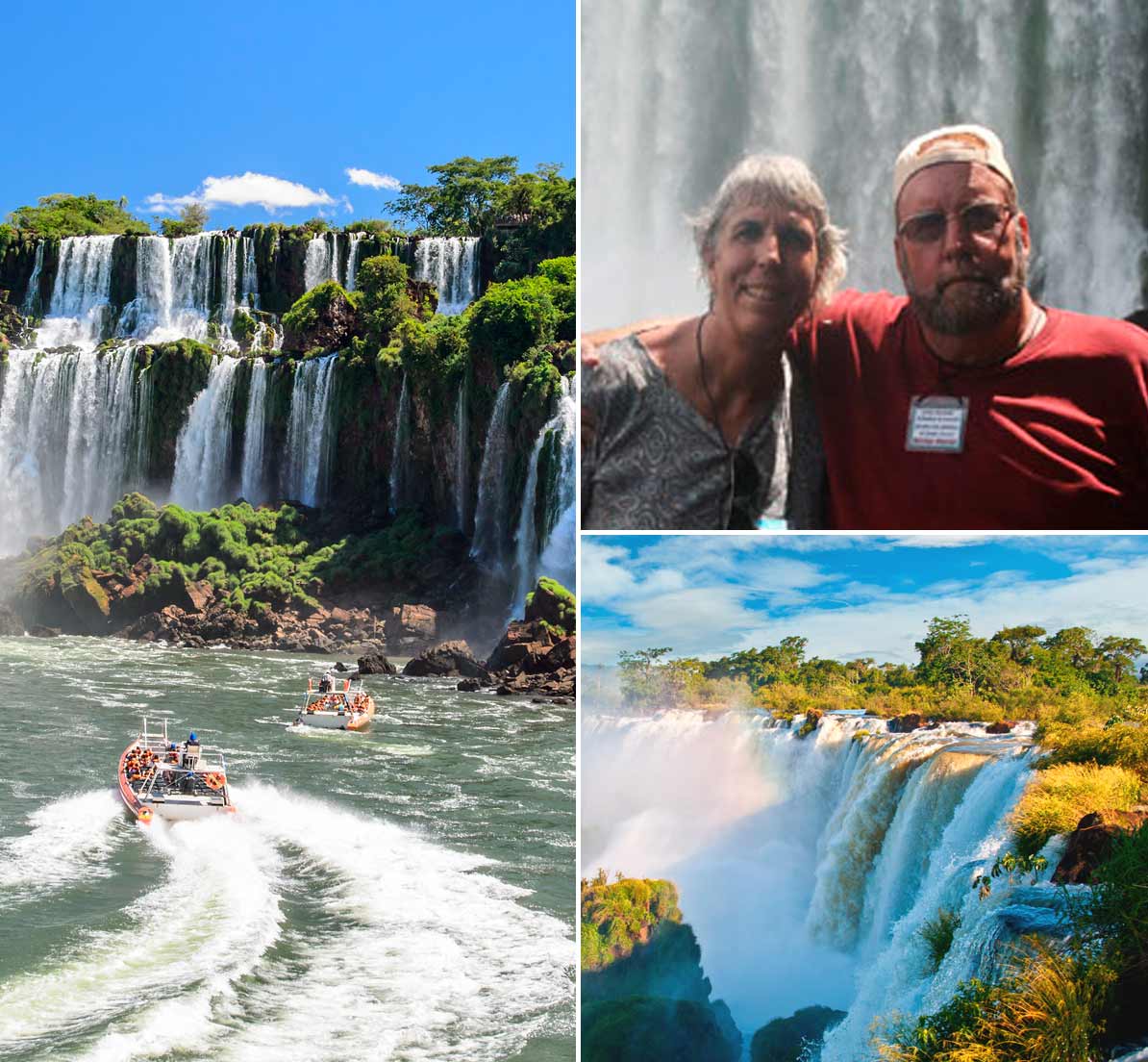 A collage showing a boat, two tourists posing in front of a waterfall, and a landscape view.