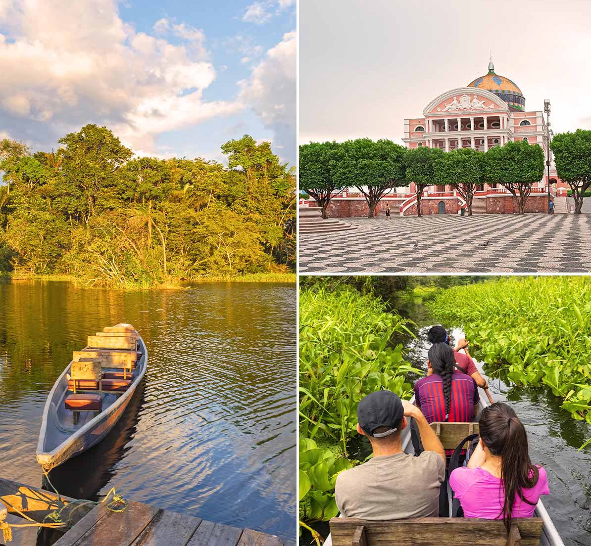  A collage of a docked canoe, the Amazon Theatre in Manaus, and a group navigating a floodplain.