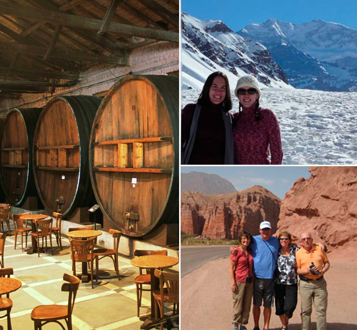 A collage showing a winery and two groups of tourists posing in front of different landscapes.
