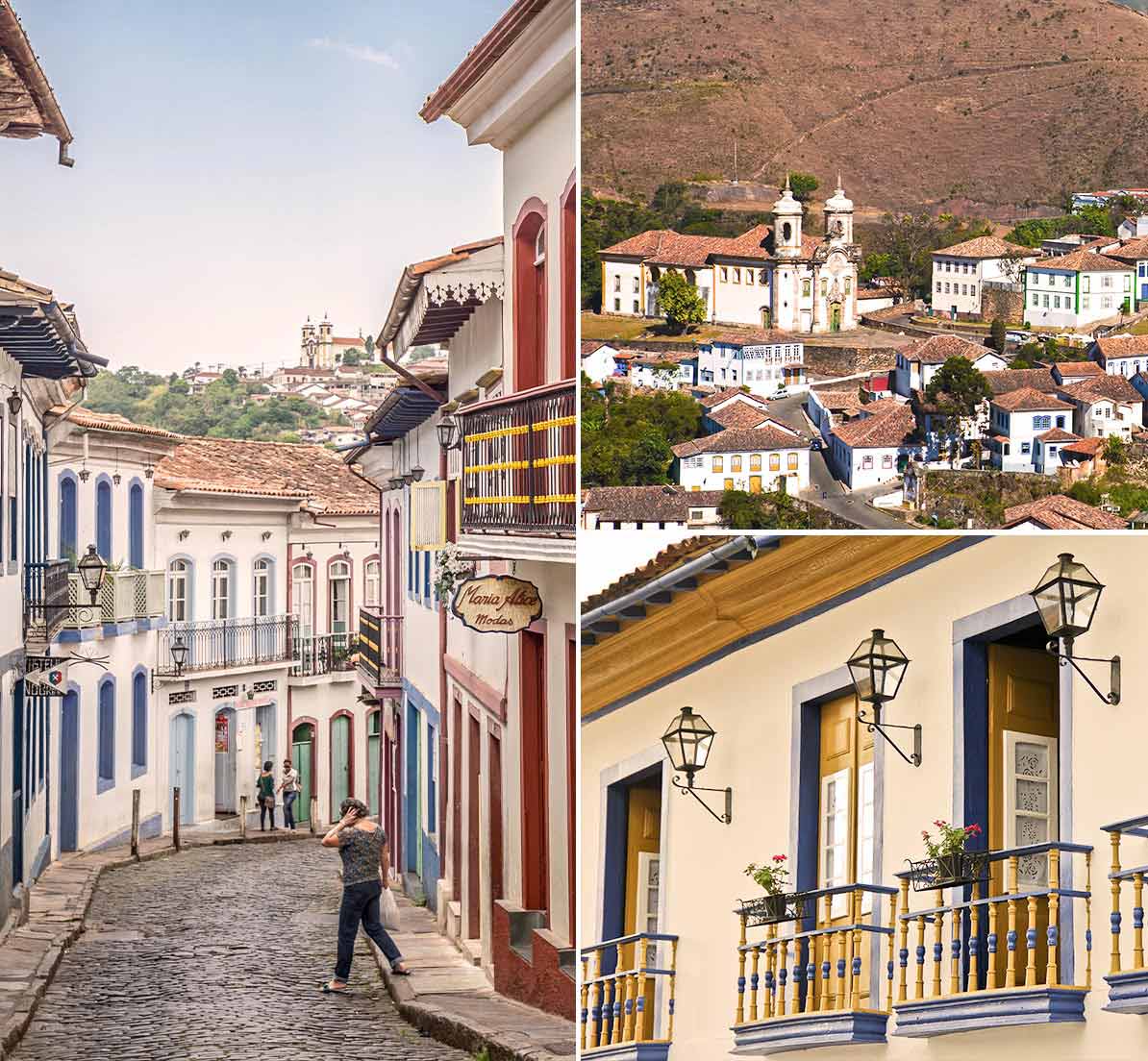 A collage showing a cobblestone street, a view of the rooftops, and some balconies in Ouro Preto.