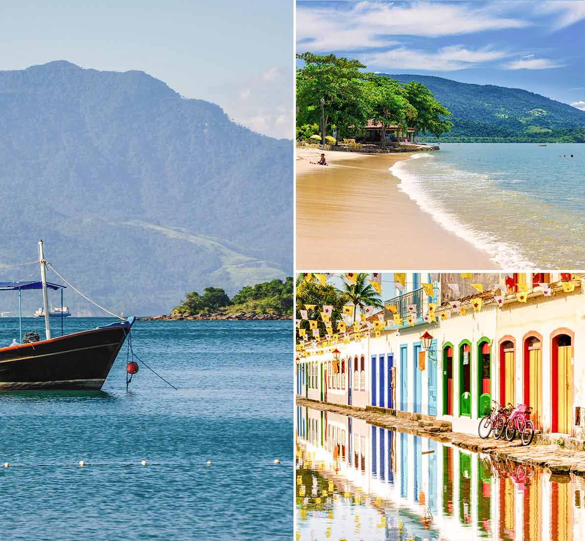 A collage of a boat in the ocean, a tropical beach, and a street with classic houses in Paraty.