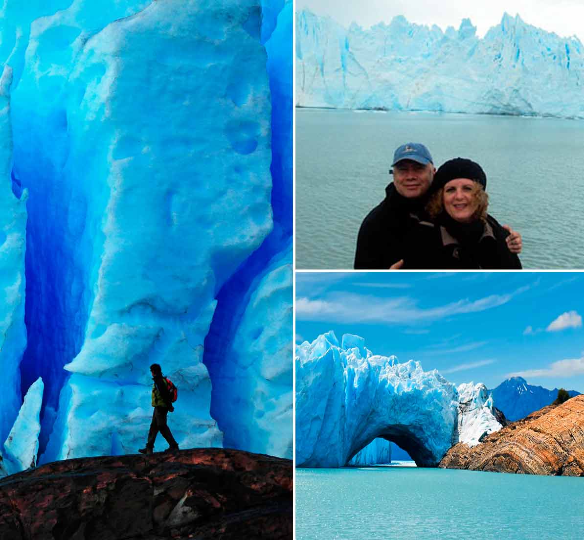 A collage of a hiker in front of a glacier, a couple posing with a glacier, and an ice arch.