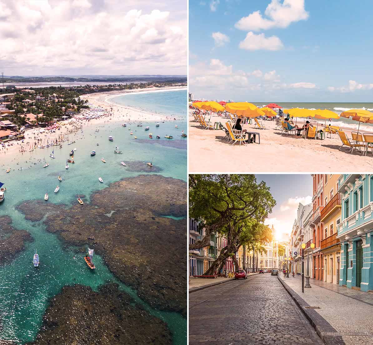 A collage with an aerial view of boats in the ocean, a beach, and classic buildings in Recife.