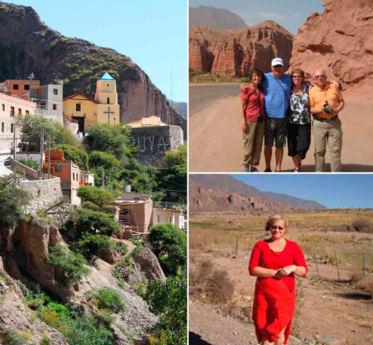 A collage showing a village as well as visitors posing in front of landscapes near Salta.