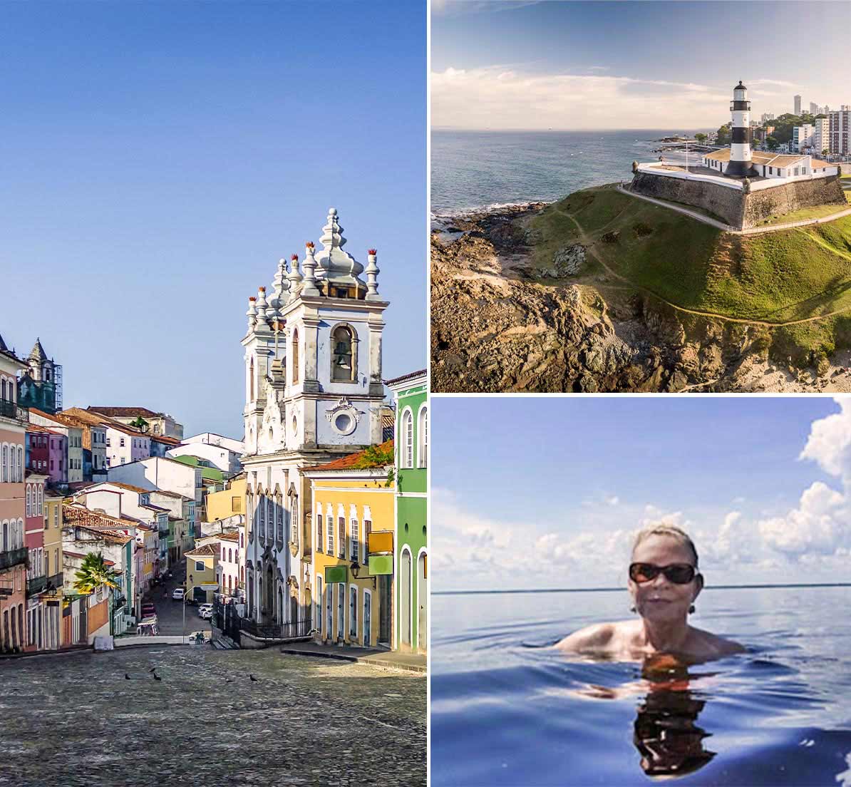 A collage of classic buildings, an old fortress, and a woman swimming in Salvador Bahia.