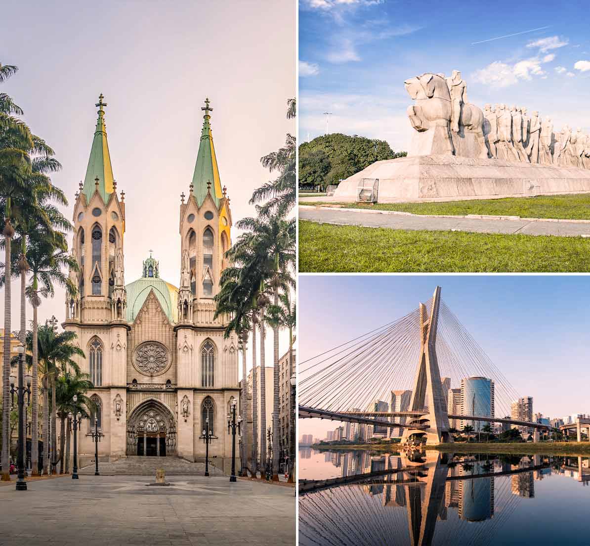 A collage showing a classic church, a monumental statue, and a bridge in Sao Paulo.