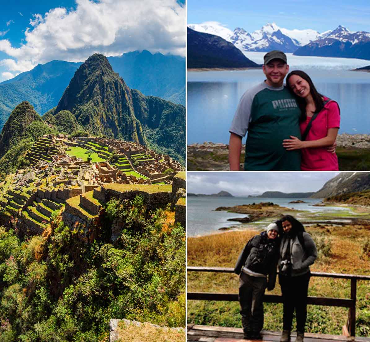 A collage showing Machu Picchu as well as two pairs of tourists posing in front of landscapes.