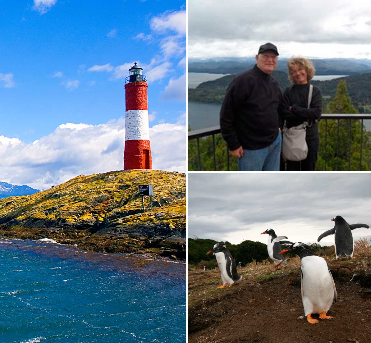  A collage showing a lighthouse, two visitors posing at a lookout point, and a group of penguins.
