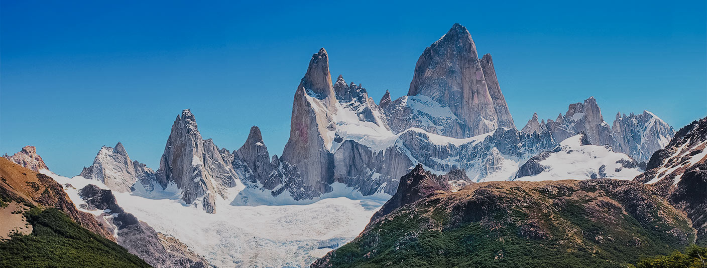 Jagged mountain peaks covered with snow in Argentina's Los Glaciares National Park.