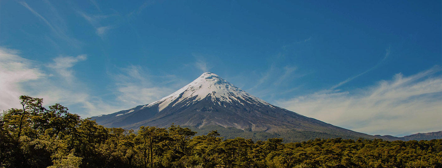  The massive snow-capped Osorno Volcano, surrounded by lush forest near Puerto Varas.