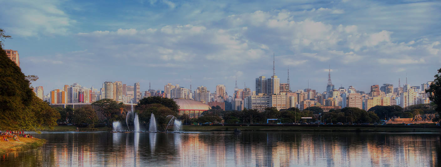 A view of the São Paulo skyline from a park, with a pond and a water fountain in the foreground.