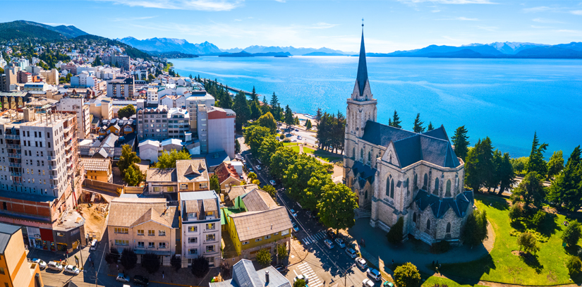 Aerial view of Bariloche city and the lake.