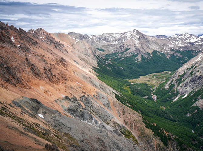 Looking down into the Argentinian Andes from a high-lying pass