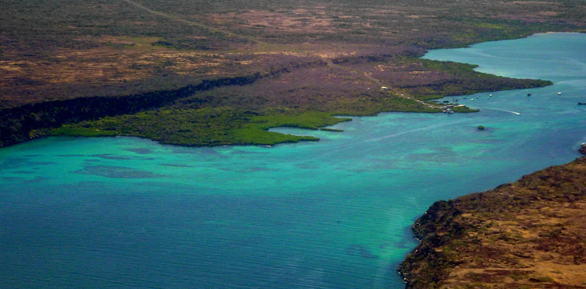 Water surrounded by two bodies of land in Baltra, Galapagos