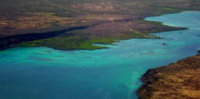 Water surrounded by two bodies of land in Baltra, Galapagos