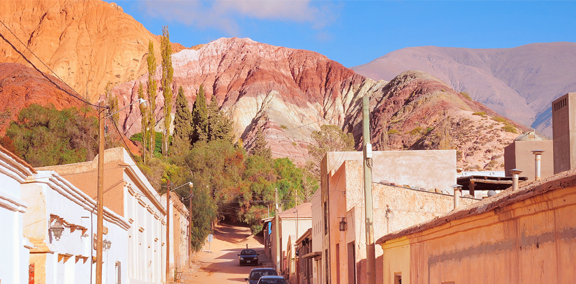 A street leading up to Purnamarca, a beautiful mountain