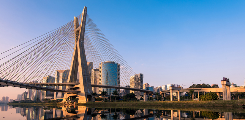 Octavio Frias de Oliveira Bridge in Sao Paulo A cable-stayed bridge, also known as Ponte Estaiada, connects both sides of River Pinheiros in São Paulo.