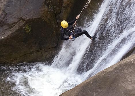 A person wearing a wetsuit and yellow helmet rappelling down a waterfall in Baños.