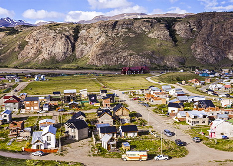 An aerial view of El Chalten, a small town located inside Los Glaciares National Park.