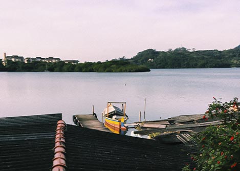 A small boat docked on Conceição Lake, a beautiful lagoon located in the center of Florianopolis.