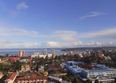 A view of the city of Puerto Montt and the adjacent Reloncaví Bay, an inlet of the Pacific Ocean.