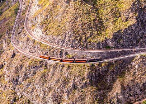 An aerial view of the Devil’s Nose train in Riobamba making its way along a cliffside track.
