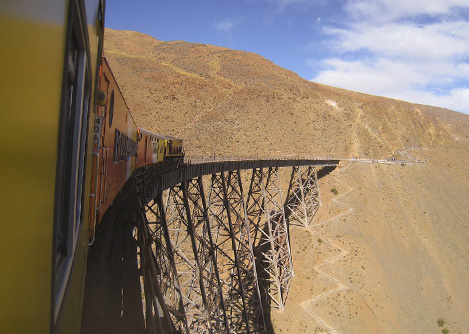 The Train to the Clouds, one of the highest railroads in the world, crossing a rail bridge.