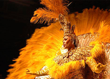 A woman dressed in an extravagant golden outfit at a samba performance in Salvador.