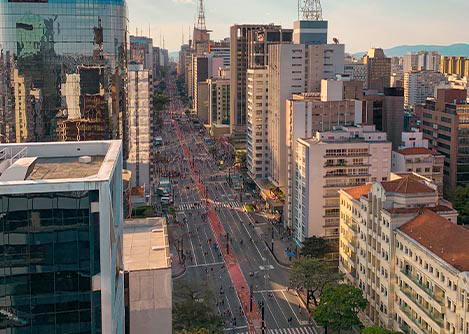 An aerial view of Paulista Avenue in Sao Paulo, an important avenue lined with skyscrapers.
