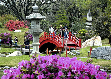 Visitors crossing a bridge at the Japanese Garden (Jardín Japonés) in Buenos Aires.