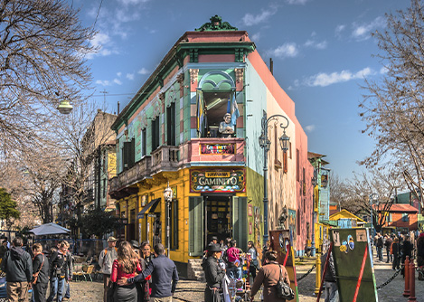 El Caminito, a street museum with colorful painted houses in Buenos Aires' La Boca neighborhood.